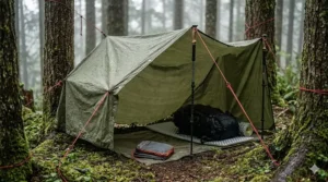 A multipurpose camping rain poncho set up as a temporary emergency shelter or tarp using trekking poles.