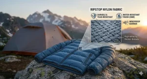 Detailed view of the ripstop nylon fabric used in a heavy-duty down jacket for camping.