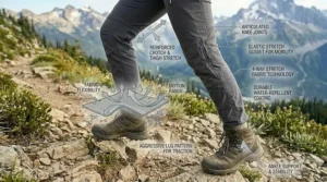 Illustration of a female hiker climbing over boulders, demonstrating the flexibility and 4-way stretch of athletic hiking pants.