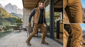A man wearing stylish, slim-fit hiking pants for men sitting at an outdoor cafe after a morning trek.