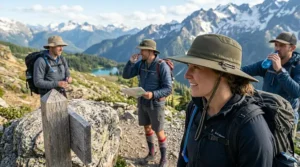 An olive green wide-brim sun hat for hiking featuring a protective neck flap cover.