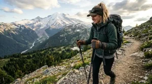 A hiker using a smartphone map app while wearing touchscreen compatible hiking gloves.