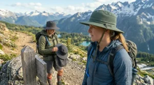An illustrative style guide displaying unisex outdoor sun hats for hiking in neutral tones.