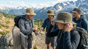 Technical diagram showing a UPF 50 plus sun hat for hiking blocking ultraviolet UV rays.