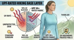 A hiker wearing a light-colored, UPF-rated base layer for sun protection on an exposed ridge.