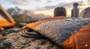 Close-up of water droplets beading on the surface of a durable down jacket for camping.