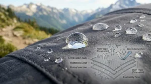 A diagram illustrating the water-resistant and breathable fabric layers used in high-performance women's trail pants.
