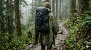 Rear view of a camper wearing a rain poncho that fully covers a large multi-day hiking backpack.