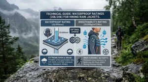 A technical chart explaining waterproof and breathability ratings for a high-performance rain jacket for hiking.