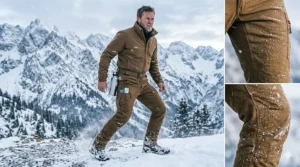 A man trekking through snowy woods wearing insulated, windproof winter hiking pants for men.