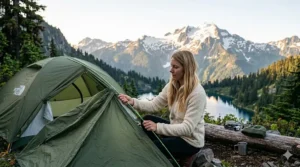 A woman wearing a fitted cream-colored fleece jacket while setting up a tent at a campsite.