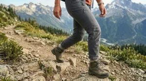A flat-lay illustration of a women's hiking gear checklist, featuring boots, a backpack, and a folded pair of technical hiking pants.