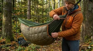 A hiker adjusting the tension of their underquilt to eliminate cold spots.