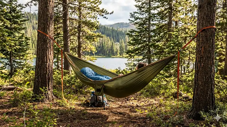 A durable, lightweight camping hammock set up between two trees in a lush forest with a view of a mountain range.