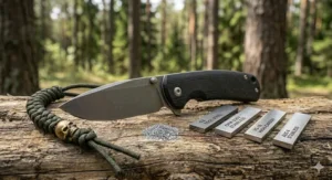 Close-up of a premium stainless steel camping knife blade after sharpening.