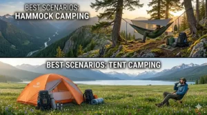 Summary graphic helping campers choose between a hammock and a tent based on the specific terrain and climate.