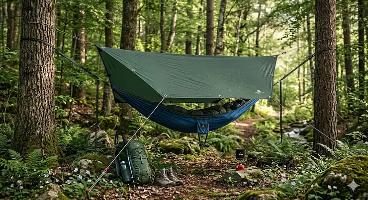 A lightweight, durable hammock rain fly set up over a camping hammock in a forest setting.