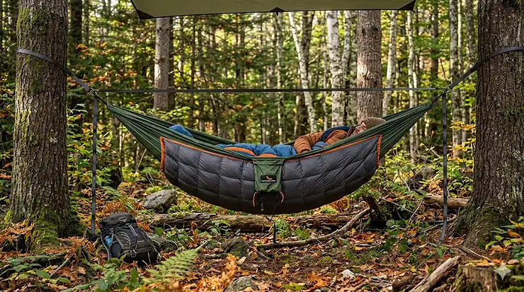 A lightweight underquilt attached to a camping hammock in a forest setting. best hammock underquilt