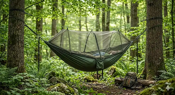 A high-quality hammock with mosquito net set up between trees in a lush forest for camping.