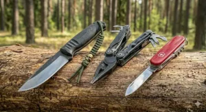 A comparison between a specialized bushcraft camping knife and a multi-tool.