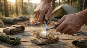 Demonstrating the safety locking mechanism on a multi-tool for camping to ensure secure blade usage.
