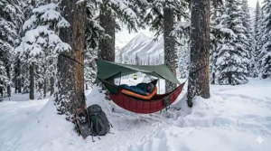 A hammock pitched in a sheltered forest clearing with natural windbreaks of boulders and trees.