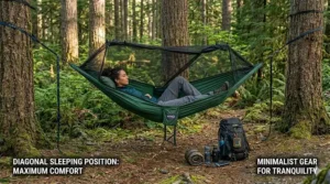 Illustration showing the ideal diagonal sleeping position in a camping hammock for maximum comfort and back support.