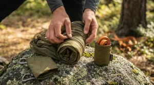 A person packing a folded, lightweight camping hammock into its small carrying pouch for easy travel.