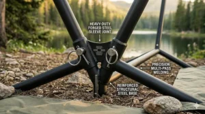 Compact, foldable hammock stand for camping set up on uneven terrain.