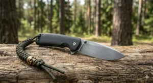 A compact folding camping knife partially open, showing the locking mechanism.