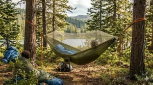 A spacious double-sized camping hammock designed to comfortably fit two people for relaxing at the campsite.
