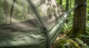 Close-up texture shot showing the breathable mesh of a hammock with mosquito net.
