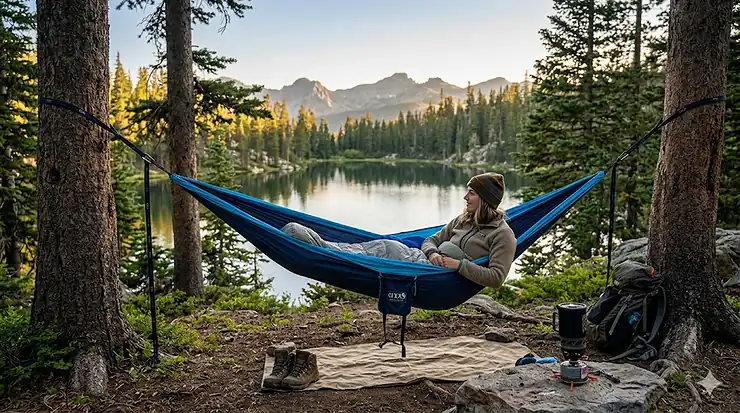 ENO hammock setup at a scenic campsite for a product review. ENO hammock review for camping