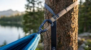 Close-up view of the ENO hammock suspension system and carabiners.