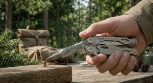 The Gerber Center-Drive screwdriver aligned on the axis for better torque.