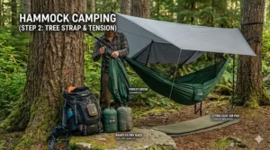 Step-by-step illustration showing how to properly hang a camping hammock between two sturdy trees.