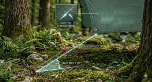Technical drawing showing the proper angle and tension for guy lines on a best hammock rain fly.