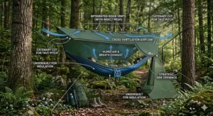 Diagram highlighting airflow and ventilation features of a camping hammock rain fly.