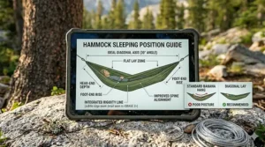 Guide illustration showing the ideal diagonal sleeping position in a camping hammock.