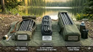 Comparison showing the packed size of a portable hammock stand for camping.