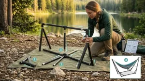 Step-by-step diagram showing how to assemble a hammock stand for camping.