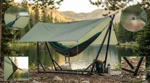 Camping hammock stand with a waterproof tarp rigged for rain protection.