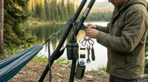 Camping hammock stand equipped with gear hooks and accessory attachments.