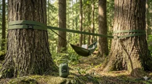 Extra-long hammock straps spanning a wide distance between two trees.