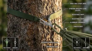 Detailed illustration of a tree-friendly suspension system for a backpacking hammock.