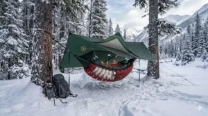 Diagram showing how an underquilt wraps around a hammock to prevent cold-air heat loss.