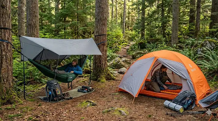 A detailed comparison guide featuring a person sleeping in a hammock versus a person sleeping in a tent at a campsite. hammock vs tent camping comparison