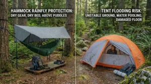 Comparison chart highlighting weather protection features of rainfly-equipped hammocks against double-wall camping tents.