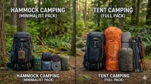 Infographic comparing the packed weight and gear volume of hammock camping systems versus traditional tent camping setups.