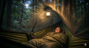 A cozy hammock with mosquito net illuminated by a camping lantern at night.
